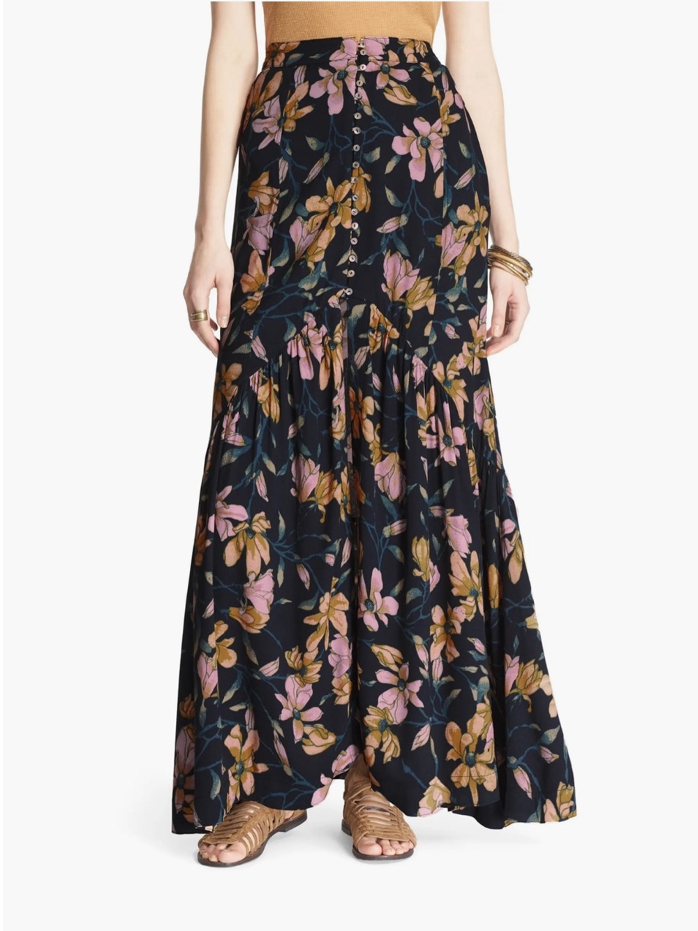 Free People Black Floral Button-Front Maxi Skirt with Pink & Mustard Blooms